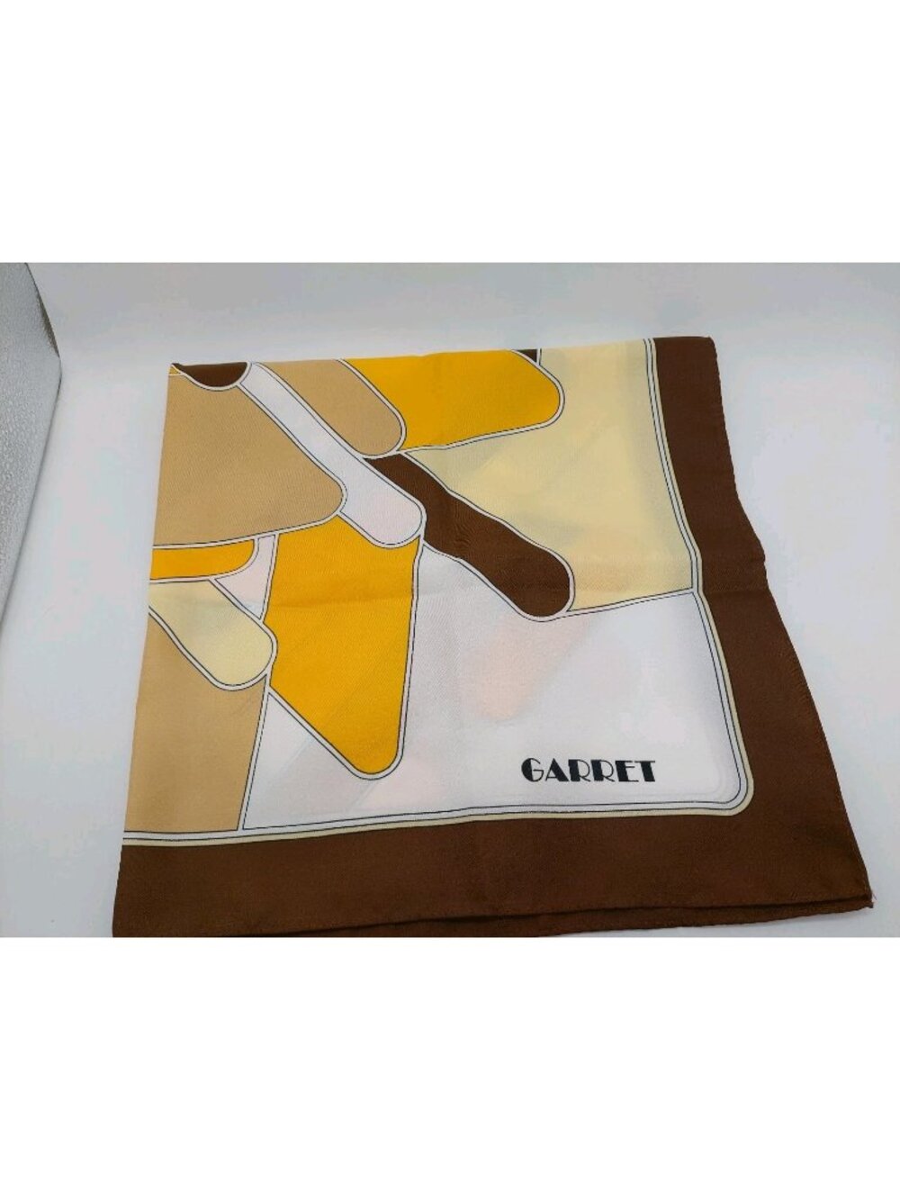Vintage Garret Square Scarf White Brown Yellow Geometric 26"
